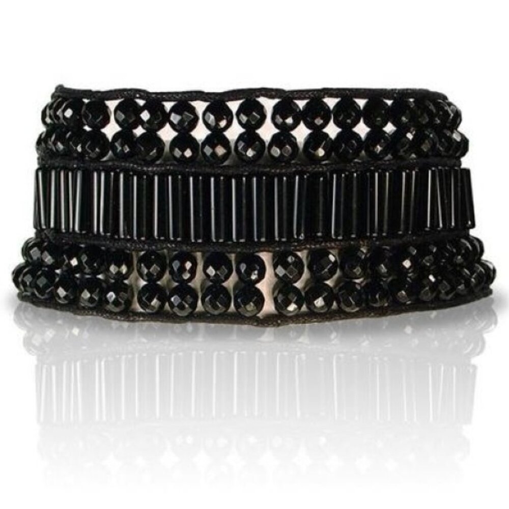 NWOT Patricia Candido Black Onyx Bead Choker Necklace Hand Sewn on Black Cord